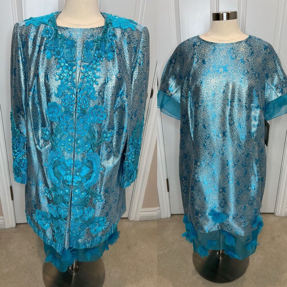 Turquoise Beaded Sheath Dress Jacket Silver Brocade 2XL Norman Ambrose New